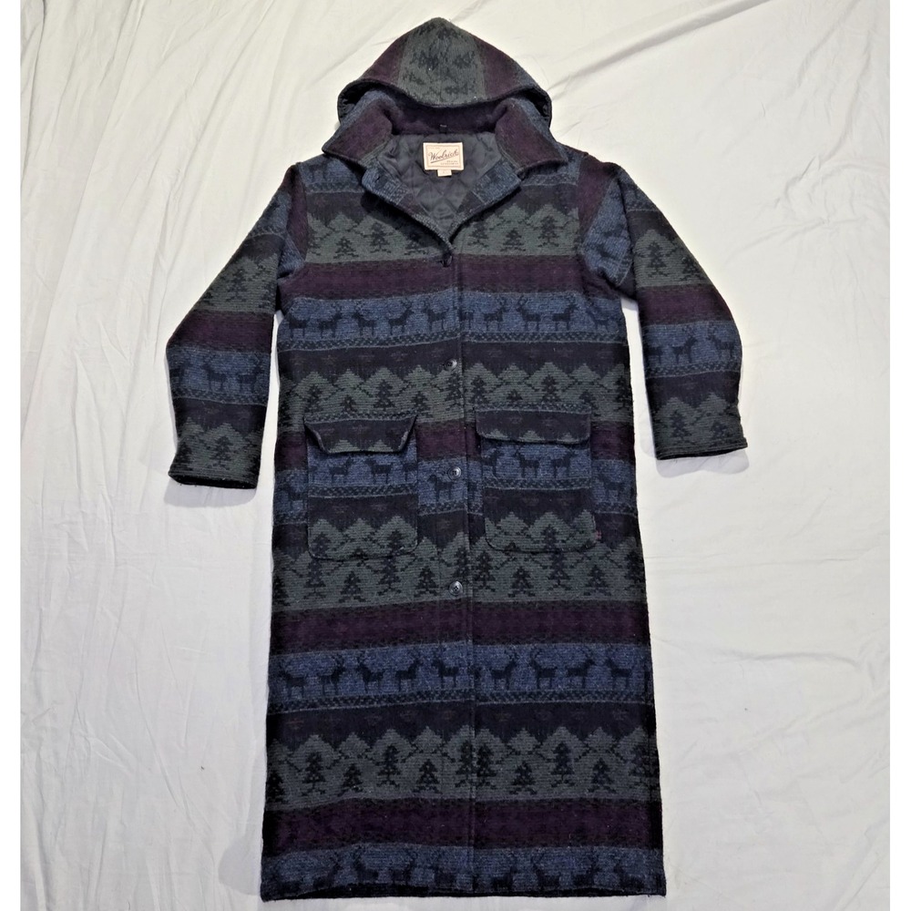 Vtg WOOLRICH Wool Trench Coat Sz M USA Made Quilt Lined Hooded Aztec Deer Lodge